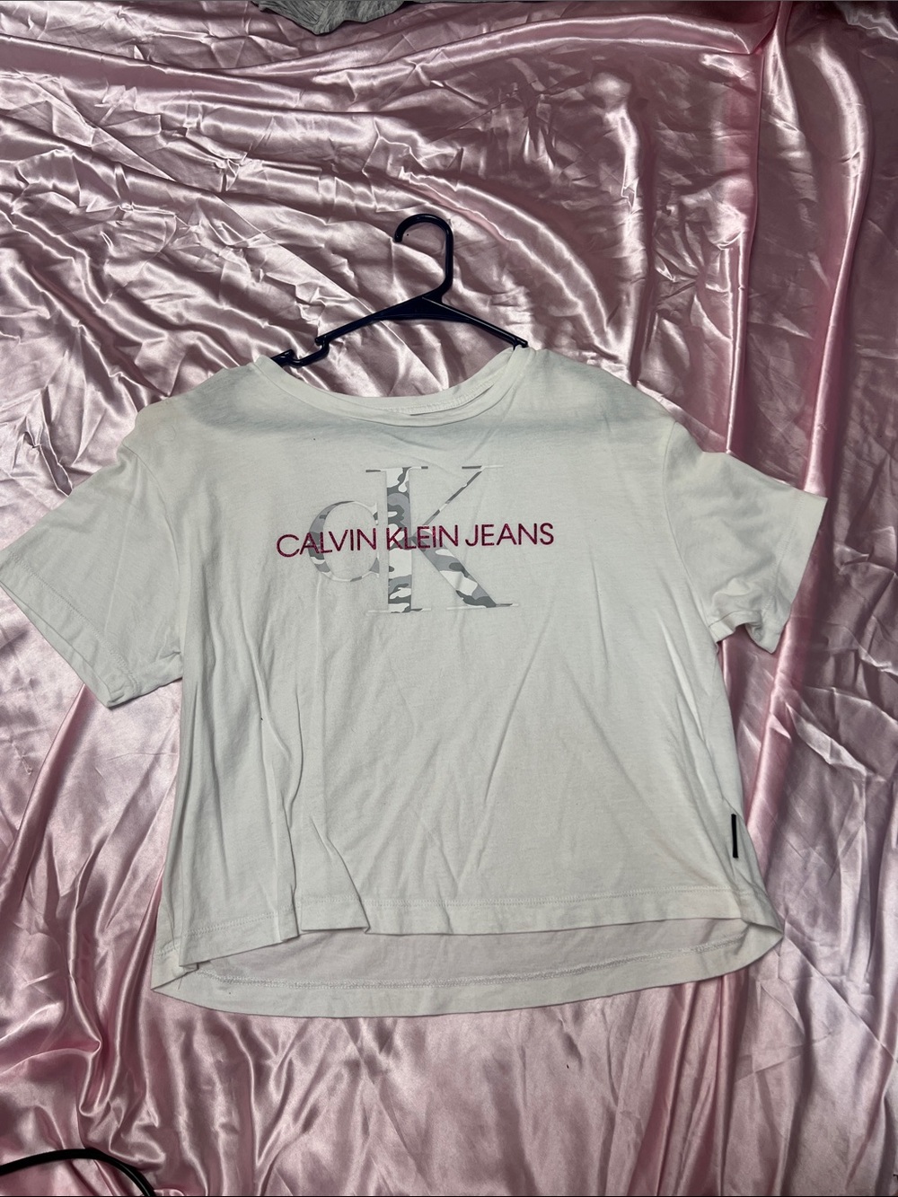 Calvin Klein Jeans White Short Sleeve Logo Tee with Pink Accent